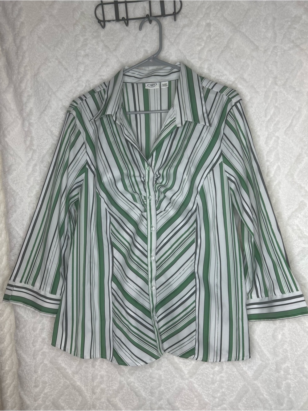 Cato Woman Green, Silver and White Striped Button-Down Blouse